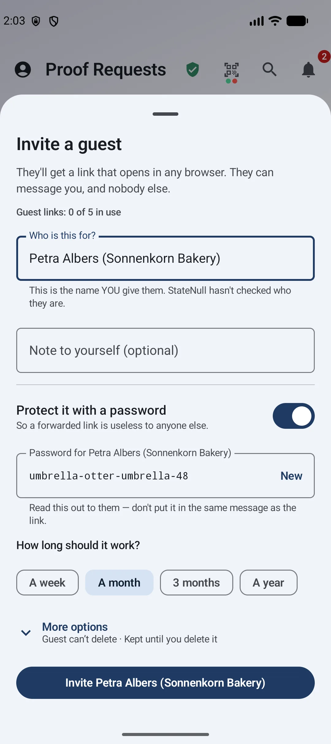 StateNull product screen: app guest 01 invite. Demo with fictional data.
