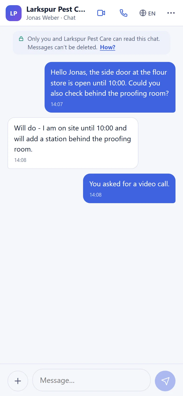 Real guest browser conversation with message, voice and video controls. Fictional demo data.